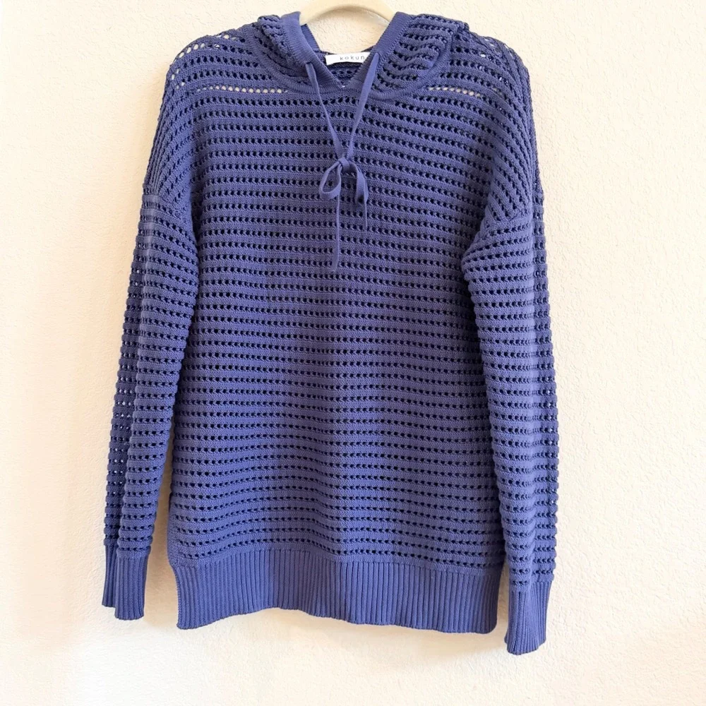Kokun‎ Womens Blue 100% Cotton Open Knit Crochet Hoodie Sweater Small Periwinkle